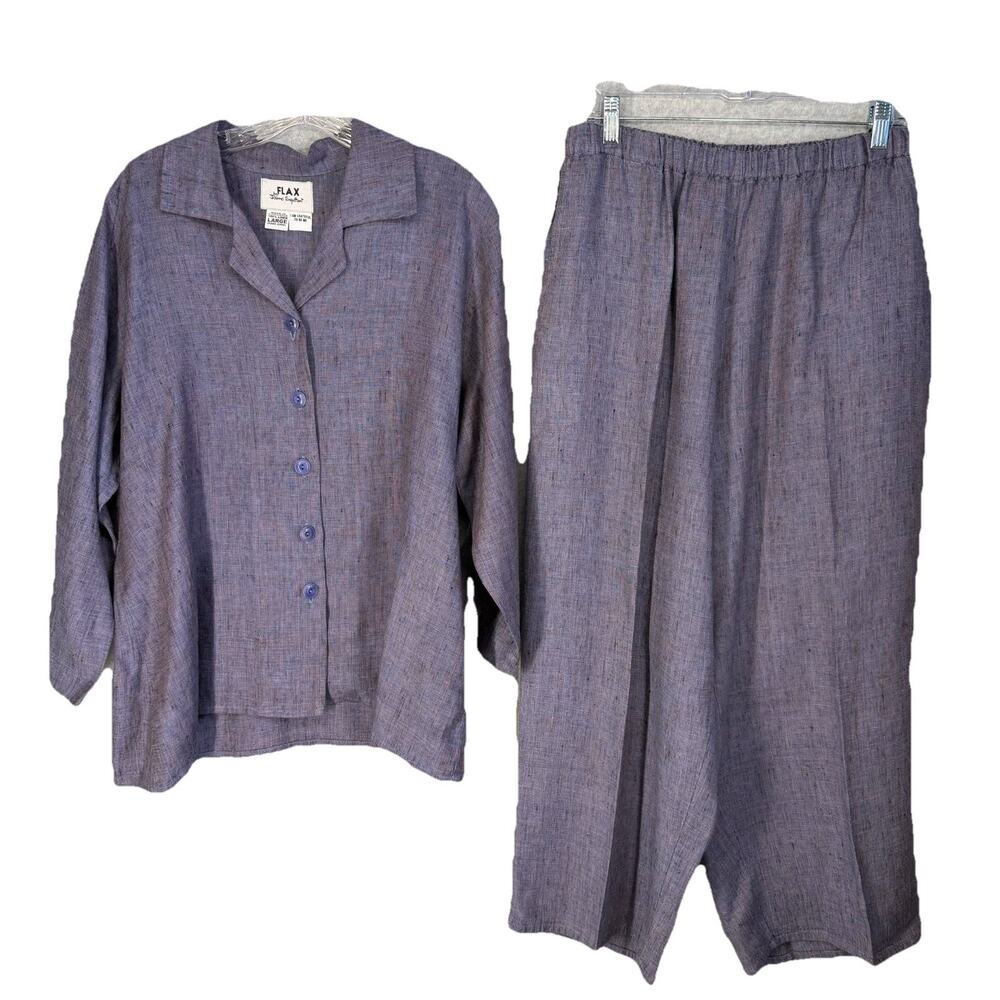 FLAX by Jeanne Engelhart Women’s 2-Piece Set Large Purple Plaid 100% Linen Pants